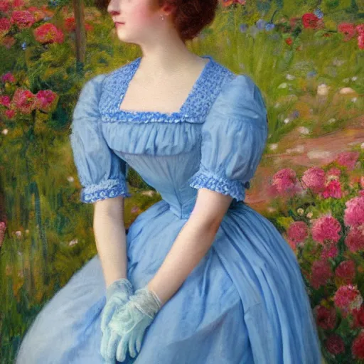 Prompt: portrait painting of a lady in a light blue dress 1 9 0 0 s, garden, photorealistic, extreme detail, sharp focus, 8 k, intricate, hyper detailed, realistic, cinematic lighting