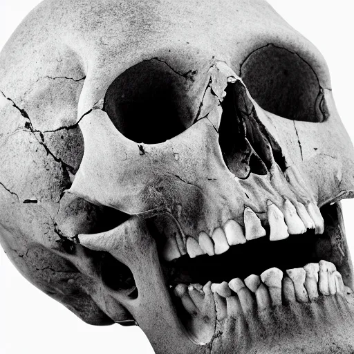 Image similar to professional photograph of a broken human skull, black fluid coming out, black and white, white background, 50mm, black and white