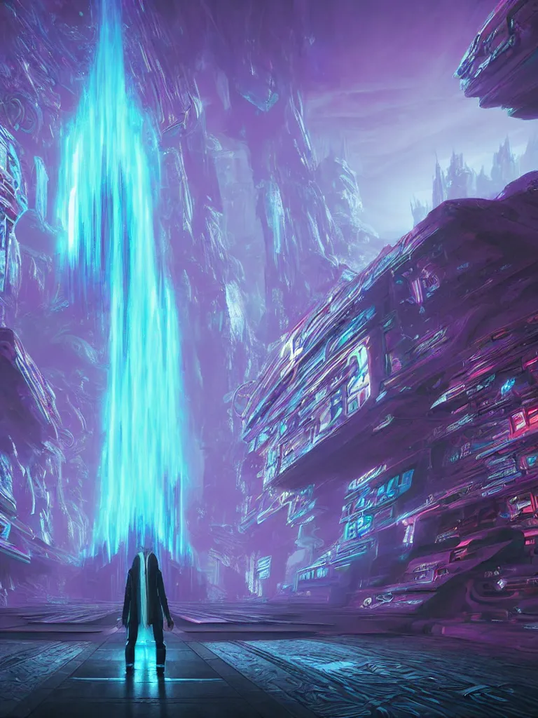 Image similar to entrance to ethereal realm, god waiting, rendered in unreal engine, central composition, symmetrical composition, dreamy colorful cyberpunk colors, 6 point perspective, fantasy landscape with anthropomorphic!!! terrain!!! in the styles of igor morski, jim warren, and rob gonsalves, intricate, hyperrealistic, volumetric lighting, neon ambiance, distinct horizon