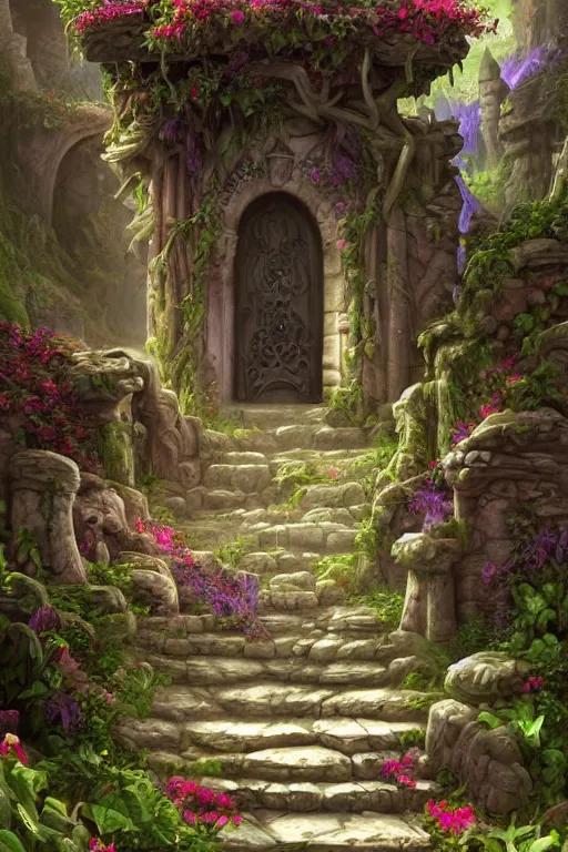 Prompt: matte glossy painting of stone steps fantasy leading do a fantasy door opening flowers, thorns roots along the steps, artstation by emilia dziubak, will terry, greg olsen, chris mars, ann long, and mark brooks, gret ritkowski dramatic, architecture, colorful warcraft architecture