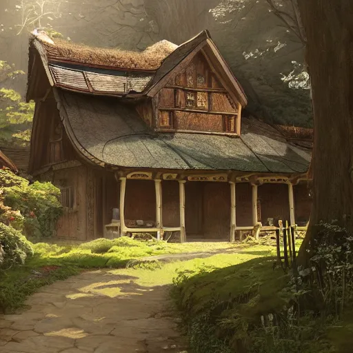 Image similar to concept art painting of an english european cottage with japanese architecture, in the woods, cozy, realistic, detailed, cel shaded, in the style of makoto shinkai and greg rutkowski and james gurney