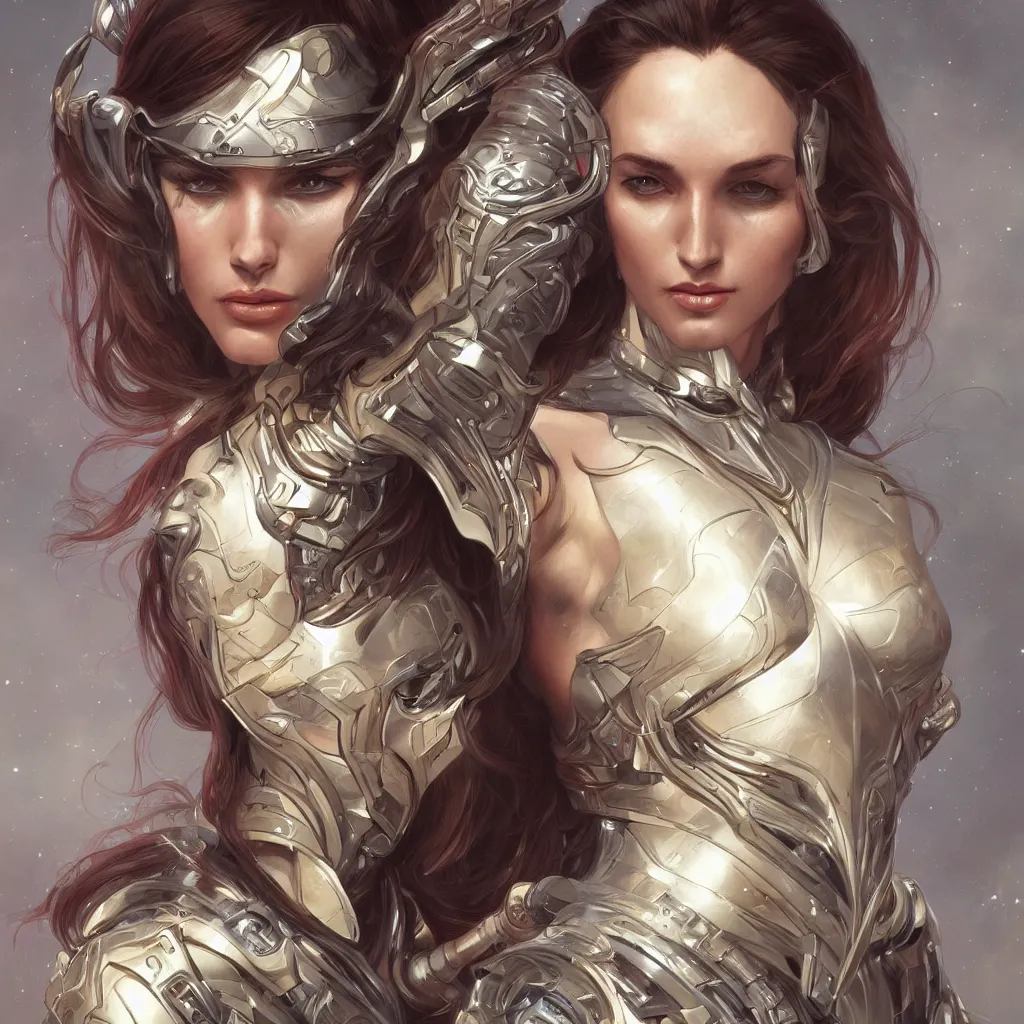 Prompt: futuristic beautiful warrior woman, sci-fi, fantasy, intricate, elegant, highly detailed, digital painting, artstation, concept art, smooth, sharp focus, illustration, art by artgerm and Roberto Ferris and alphonse mucha