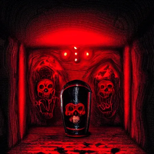 Prompt: a black and red glowing coffin in a vault, scary, spooky, horror, gothic, realistic, detailed, intricate, trending on artistation, glowing lights, drawing, character art