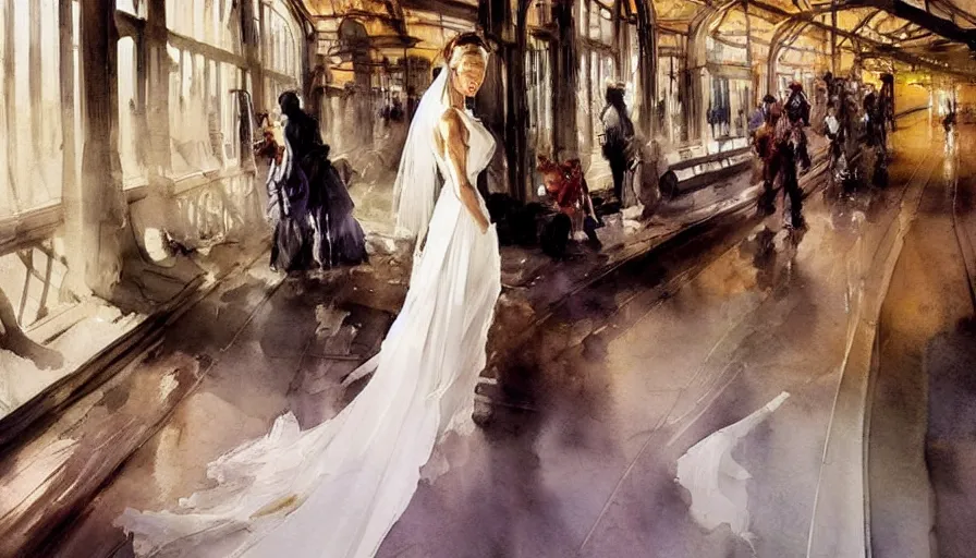 Prompt: paint brush strokes, abstract watercolor painting beautiful woman from the back, wearing a long flowing lace wedding dress in a train station platform at night, ambient lighting, art by hans dahl, by jesper ejsing, art by anders zorn, wonderful masterpiece by greg rutkowski, cinematic light, american romanticism by greg manchess, impressionism by tyler edlin