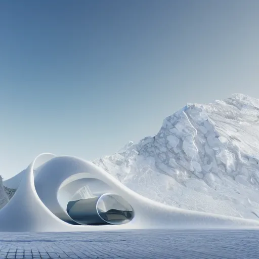 Image similar to frosted wine bottle standing on a white zen clean modern minimalist white yatch in front of large circular portal with frosted mountain view, frozen and covered in ice, by peter tarka and zaha hadid octane highly render, 4 k, ultra hd,