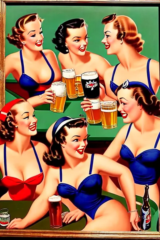 Image similar to 1940s group of pinup bikini girls drinking beer in a 1940s Aussie pub front bar with excited locals looking on, oil painting, by Gil Elvgren