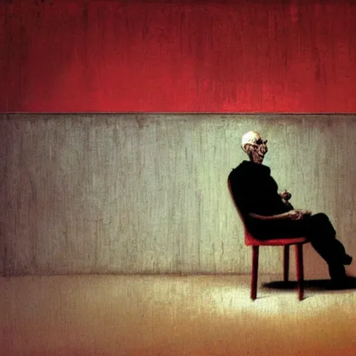 Image similar to older man sitting on a chair in dark basement with red walls and one window, painting by Beksiński,