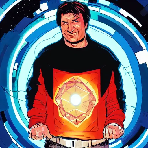 Prompt: Nathan Fillion standing in front of the time-space vortex, in the graphic style of Patrick Gleason, detailed art, trending on Artstation, sharp focus, Beautiful comic art