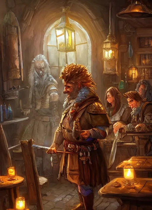 Image similar to tavern keeper in a tavern, ultra detailed fantasy, dndbeyond, bright, colourful, realistic, dnd character portrait, full body, pathfinder, pinterest, art by ralph horsley, dnd, rpg, lotr game design fanart by concept art, behance hd, artstation, deviantart, hdr render in unreal engine 5