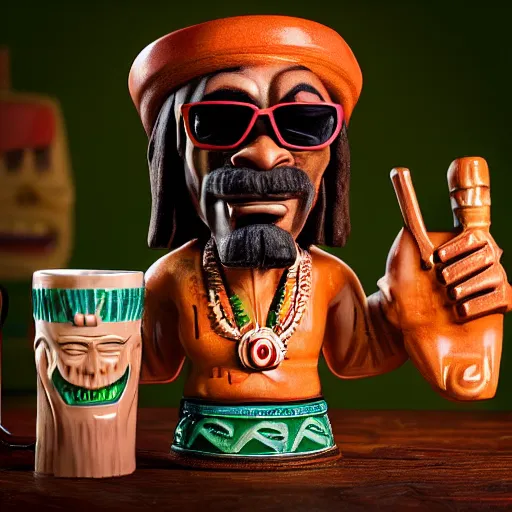 Image similar to a photorealistic photograph of a Trader Vic's tiki mug featuring Snoop Dogg at a Tiki bar - Trending on Artstation, featured on Behance, well-rendered, Unreal Engine, 4K HD