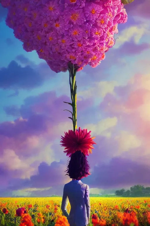 Image similar to closeup, giant flower head, girl in suit standing in a field of flowers, surreal photography, sunrise, blue sky, dramatic light, impressionist painting, digital painting, artstation, simon stalenhag