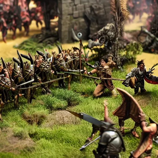 Prompt: photo taken of an epic battlefield diorama, for a table top rpg designed by weta workshops, an army of high elves battling a horde of orcs, with highly detailed 3 d printed characters, wide shot, photorealistic, sharp focus, f 0. 4, golden ratio, golden hour