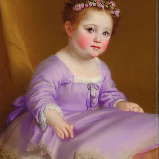 Image similar to portrait of a german toddler princess sitting down in a silk lavender gown, circa 1 8 3 7, by carl joseph begas, highly detailed, beautiful, oil on canvas, 1 8 3 0 s, romanticism