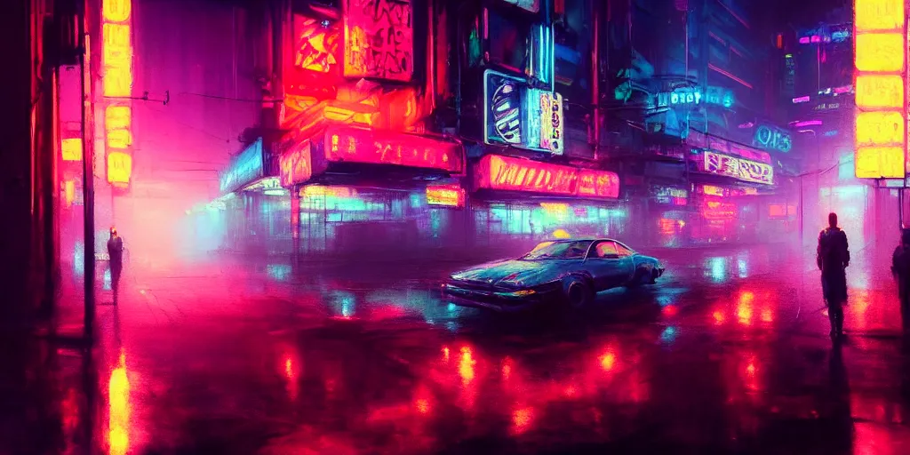 Image similar to beautiful painting by jeremy mann, cyberpunk street, neon signs, still from enter the void movie, pastel hypercolor scheme, oil painting, perfect composition, detailed octane render trending on artstation, misty, ominous, 8 k artistic photography, volumetric cinematic perfect light, wlop, alena aenami, greg rutkowski