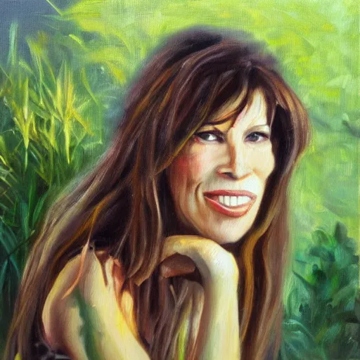 Prompt: expressive oil painting of carly simon, portrait, nostalgic, outdoors, plants