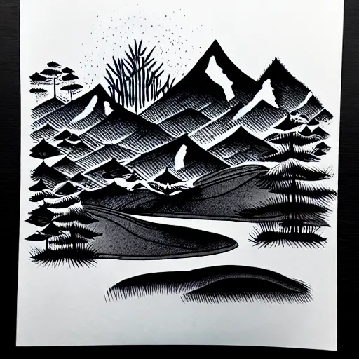 Image similar to zen mountains forest river ink