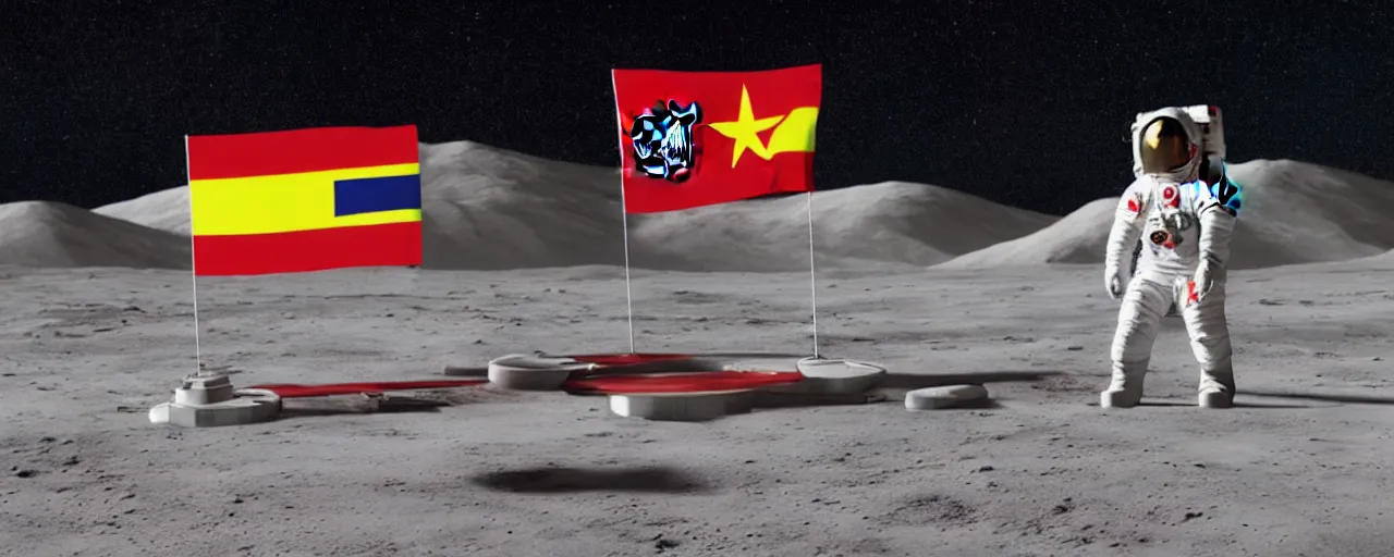 Prompt: an astronaut in red on white on yellow costume holding vietnam flag, standing on the moon, cinematic composition, a realistic photograph, cosmic background, octane render