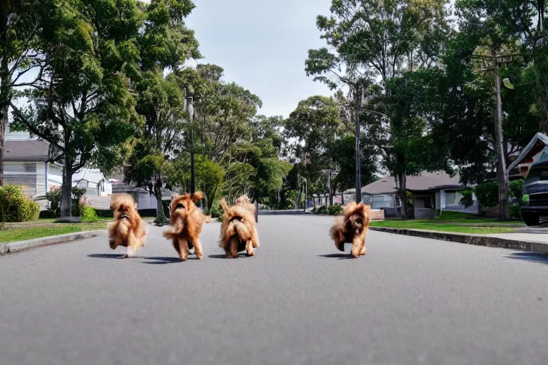 Image similar to a residential street in a suburb with dogs running directly towards the camera, wide shot