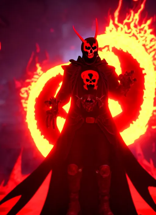 Prompt: character portrait of spawn hero, hellpunk, crimson energy radiating everywhere, hellish skull inferno in background, 8 k unreal engine render, photorealistic, rule of thirds, cinematic