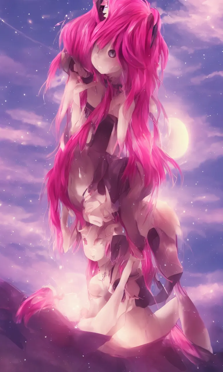 Image similar to A beautiful anime cat girl with pink hair, digital art, cgsociety, trending on artstation, sunset background with shooting stars in the sky