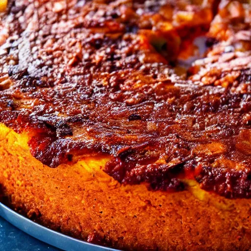 Image similar to close view of a beautiful and delicious chorizo cake piece, chorizo slices on top, 4 k