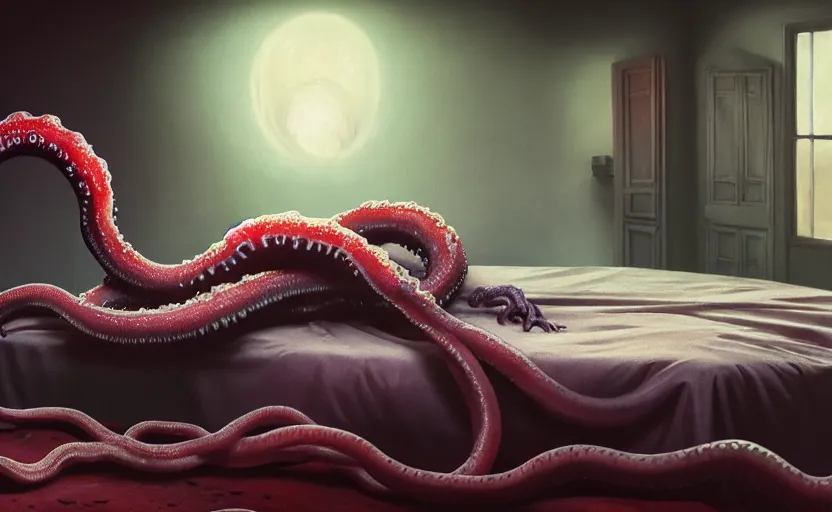 Prompt: matte oil painting of a lovecraftian tentacle creature crawling onto a bed inside a bedroom, extremely graphic, disturbing, cinematic, 4 k, 8 k