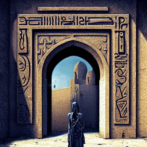 Prompt: surrealism grunge of an arab warrior infront of a dimentional gate . intricate artwork. Eerie ancient alien symbols carved into the walls, zdzisław Beksiński, wlop, dan mumford , trending on artstation, greg rutkowski very coherent symmetrical artwork. cinematic composition, hyper realism, high detail, octane render, 8k