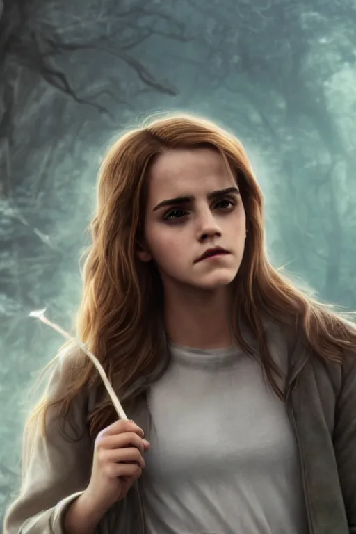 Image similar to Emma Watson as Hermione Granger, magical, forest, evening, green mist, symmetrical face, hyper realistic, medium close up, digital art, octane render, trending on artstation, artstationHD, artstationHQ, unreal engine, 4k, 8k