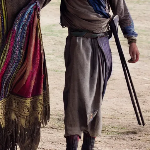 Image similar to Close up of a Kurdish shepherd wearing Kurdish clothes in a movie directed by Christopher Nolan, movie still frame, promotional image, imax 70 mm footage