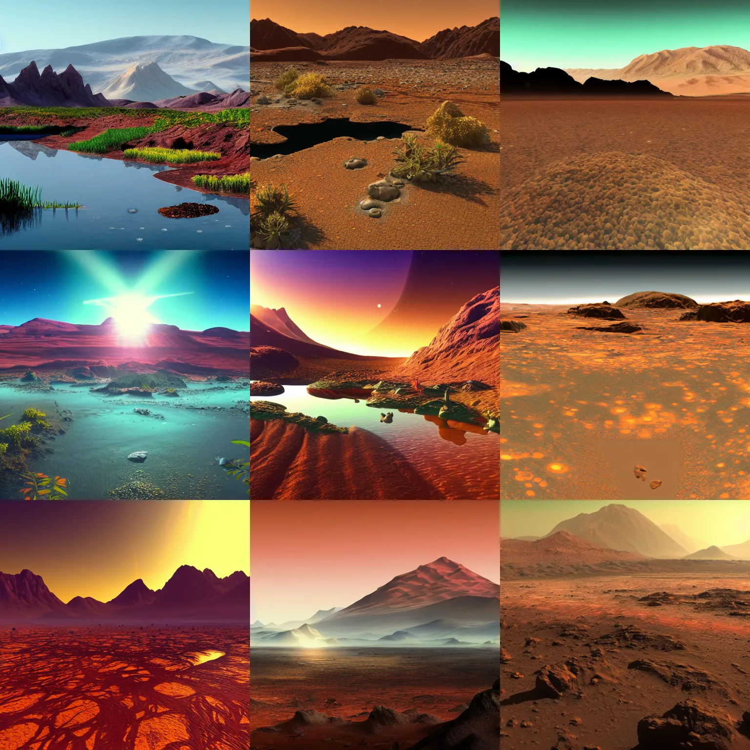 Prompt: Photo of life on Mars, thriving ecosystem, bright fauna, volumetric light, ponds, mountains, high detail, mountains, geoformations, sunlight