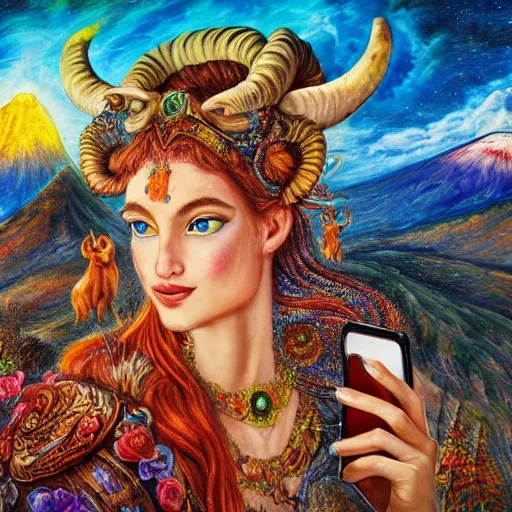 Image similar to josephine wall, horned ram goddess, checking her cell phone, erupting volcano in distance, sunset, flowers in foreground, zodiac, fantasy acrylic on canvas, intricately detailed, highly detailed, high resolution, hdr, 8 k, by senior concept artist, trending on artstation