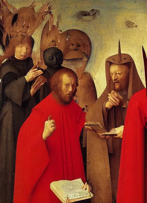 Image similar to fallen angels dressed in red reading the bible and arguing in Tuscany by Jan van Eyck, Hieronymus Bosch, 4k post-processing, highly detailed medieval painting