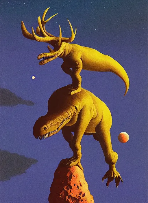 Image similar to a deer horned astronaut stands atop a melting dinosaur on the moon, Edward Hopper and James Gilleard, Zdzislaw Beksinski, Mark Ryden, Wolfgang Lettl highly detailed, hints of Yayoi Kasuma, Odilon Redon. Drexler