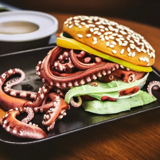 Image similar to octopus made of steel eating fastfood, 5 5 mm