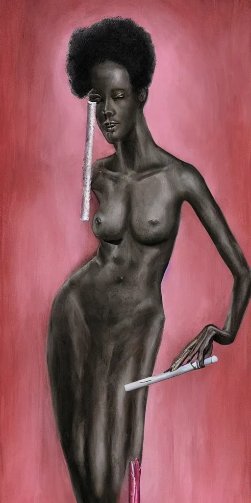 Image similar to A beautiful tall black woman with dark skin and a pink afro, looking at you from across the bar, holding a lit cigarette, digital art, oil painting, clean lines, drawn by H.R Giger