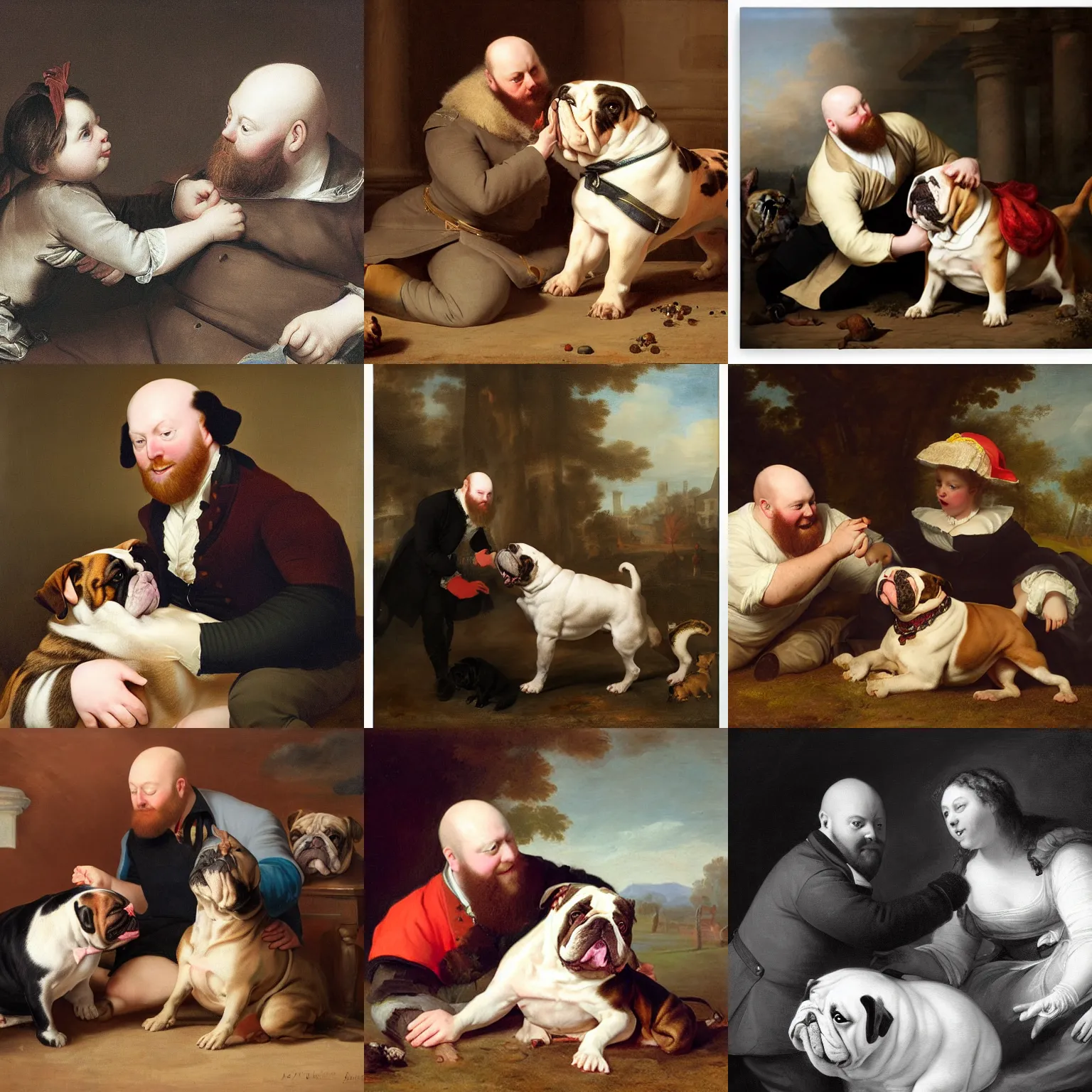 Image similar to playful portrait of angriestpat petting a very brown fat english bulldog by joseph ducreux
