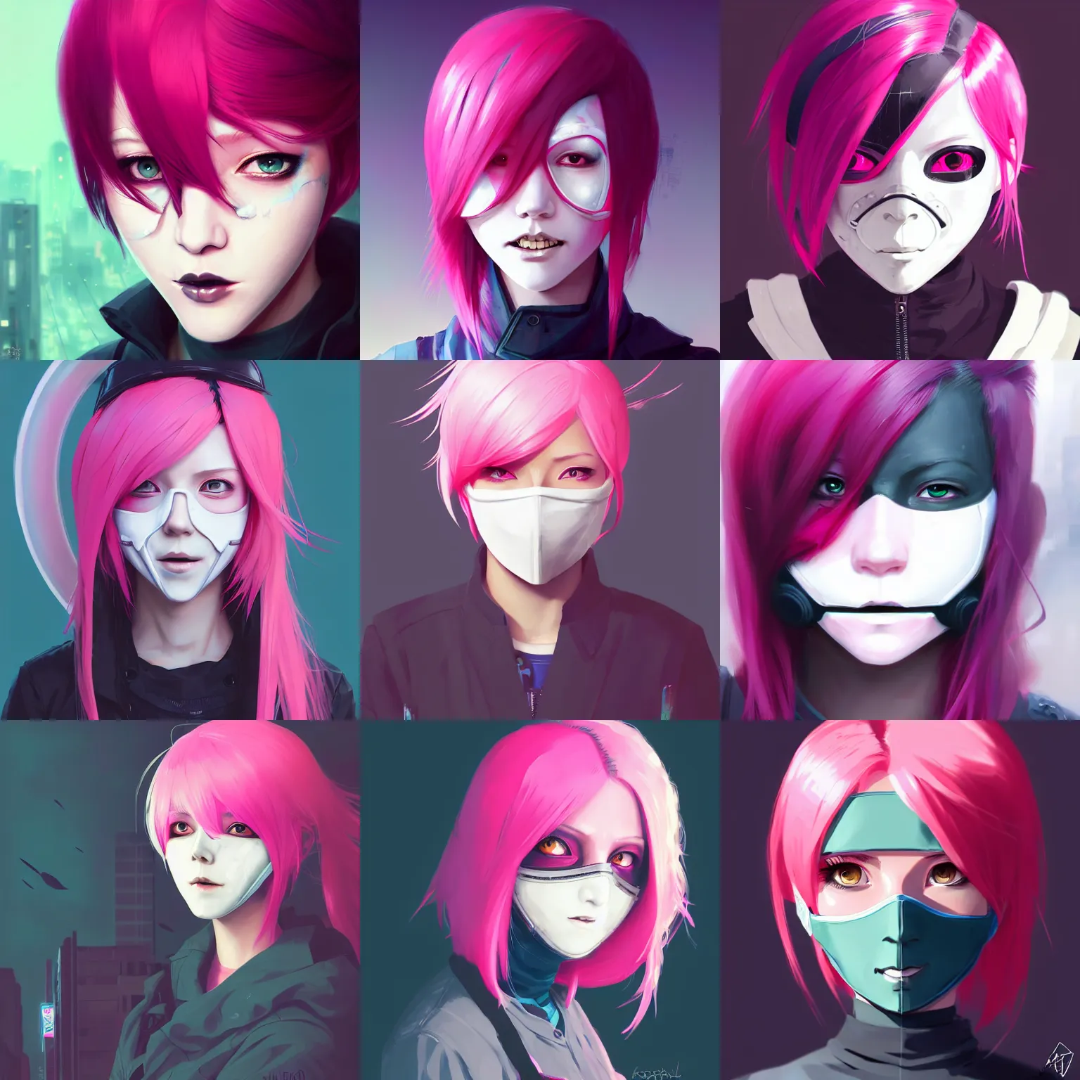 Prompt: headshot of female character with pink hair, wearing a mask like tokyo ghoul, solid background color, digital art, illustration, smooth color, cinematic moody lighting, cyberpunk, cybernetics, wenjun lin, studio ghibli, pixiv, artgerm, greg rutkowski, ilya kuvshinov