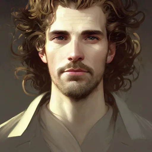 Image similar to Lucius with closed eyes smiling, very detailed sharp angular masculine face, hooked nose and square jaw long fluffy curly blond hair, light blond hair, gorgeous, beautiful, intricate, highly detailed, digital painting, artstation, concept art, sharp focus, illustration, art by greg rutkowski and alphonse mucha