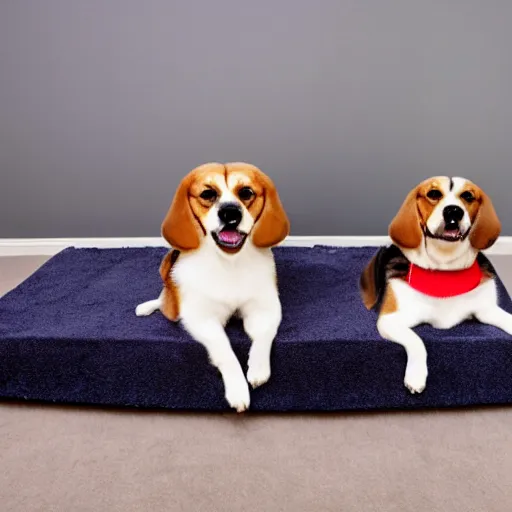 Prompt: Photograph of a Beagle, Pomeranian and Husky sitting on the carpet