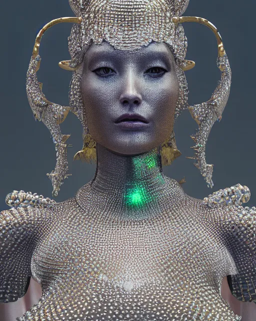 Image similar to a highly detailed metahuman 4 k close up render of an alien goddess bella hadid monument renaissance in iris van herpen dress schiaparelli in diamonds crystals swarovski and jewelry iridescent in style of alphonse mucha gustav klimt trending on artstation made in unreal engine 4