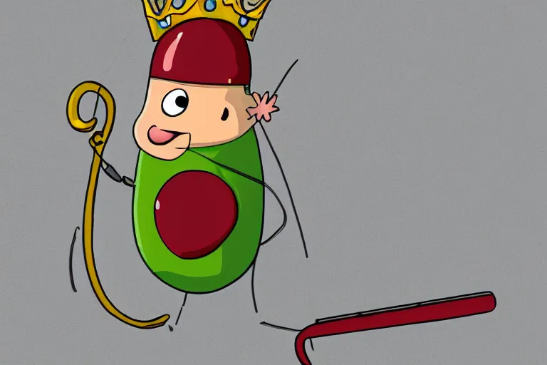 Prompt: kidney bean holding a staff, wearing crown, cartoon character, digital art, fun,