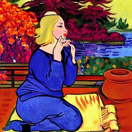 Image similar to a beautiful blond Princess smoking a cigarette in a zen garden, fauvism, trending on artstation,