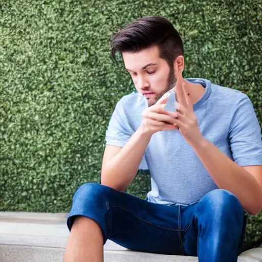 Prompt: a thoughtful wealthy young man sitting on a toilet attentively crolling tiktok on his iphone, distant thoughtful look