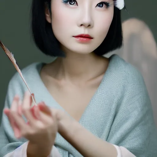 Image similar to photo portrait of beautiful Japanese women with perfect eyes and simetrical face, she have delicate traditional make up, holding a feather cinematic light, 8k,, akira kurosawa style