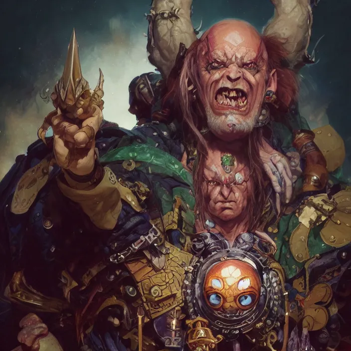 Image similar to beautiful illustrated portrait of a mad psyker from warhammer 40k, painted, 4k artwork, trending on artstation, octane render, art by artgerm and greg rutkowski and alphonse mucha and craig mullins and James Jean and Andrei Riabovitchev and Marc Simonetti and peter mohrbacher