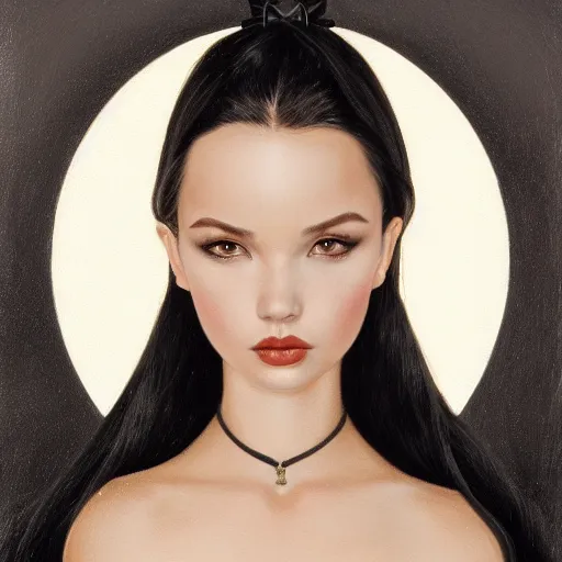 Prompt: pure very beautiful genetic mix of dove cameron madison beer bella poarch in a witch dress and long straight black hair, minimal goth makeup olive tan - looking, professionally retouched, focus eyes, ultra realistic soft painting, insanely detailed linework, partial symmetrical accurate intricate features, behance artstation, 8 k masterpiece, tom bagshaw