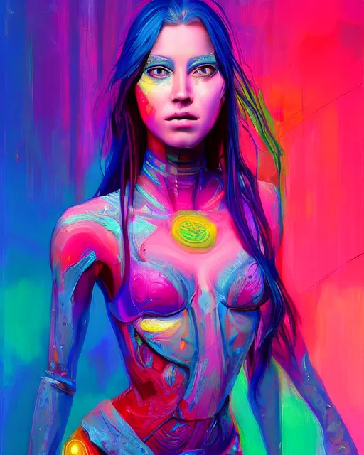 Prompt: colorful 3 / 4 body shot of a female hippie, set in the future 2 1 5 0 | highly detailed | very intricate | symmetrical | professional model | cinematic lighting | award - winning | painted by mandy jurgens and ross tran | pan futurism, dystopian, bold psychedelic colors, cyberpunk, groovy vibe, anime aesthestic | featured on artstation