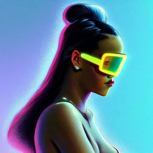 Image similar to Rihanna wearing opaque reflective goggles profile picture by Greg Rutkowski, brown skin, very long hair, dune, asymmetrical, futuristic, neon volumetric lights, cool colors, streetwear, studio ghibli, Organic Painting , Matte Painting, geometric shapes, hard edges, street art, trending on the artstation, fantasy LUT, realistic by Sachin Teng + Martin Grip + Moebius + Patrick Gleason, smooth, sharp focus, illustration, art by John Collier and Albert Aublet and Krenz Cushart and Artem Demura and Alphonse Mucha, techwear, Industrial Scifi, detailed illustration, character portrait,