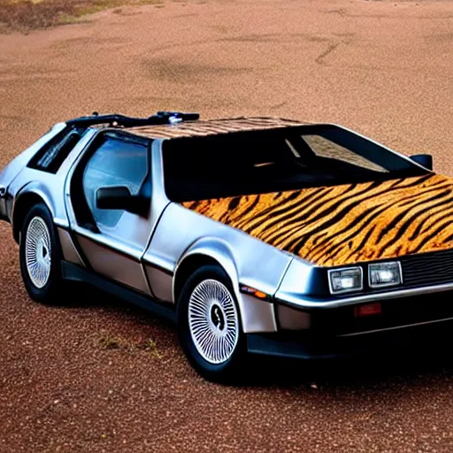 Prompt: a delorean with tiger skin prints on its body,