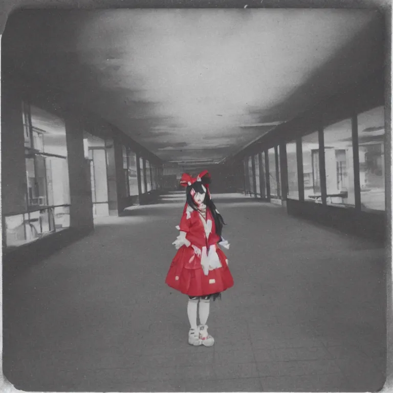 Image similar to atmospheric polaroid photo of reimu hakurei at an abandoned mall